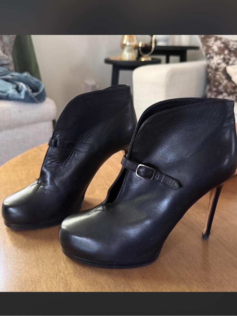 Theory Black Leather High-Heel Ankle Booties with Buckle Strap